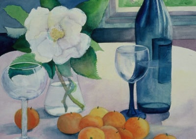 Camelia With Blue Wine Bottle